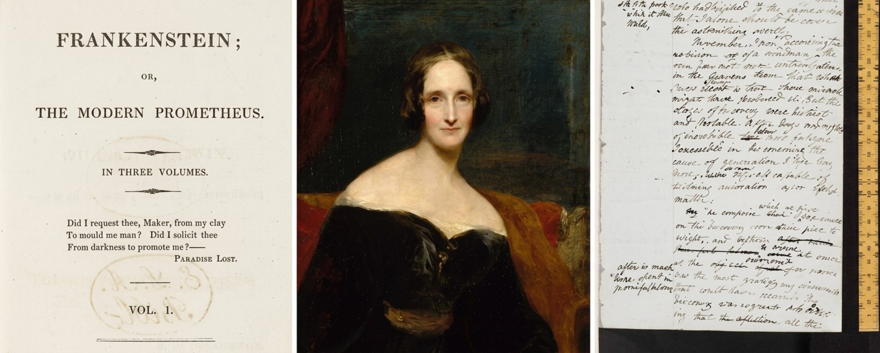 Frankenstein 1818 title page, portrait of Mary Shelley, and Frankenstein manuscript for Archive #0002