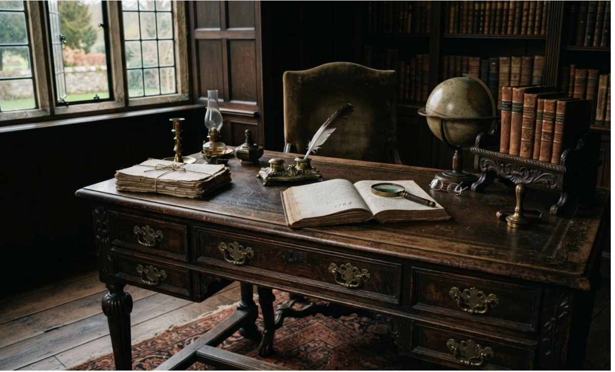 Antique writing desk with books, handwritten pages, quill and globe illustrating Bram Stoker’s Dracula and Gothic literature