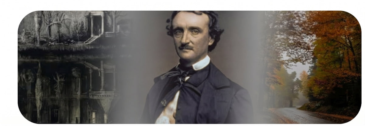 Edgar Allan Poe beside an illustration of the House of Usher