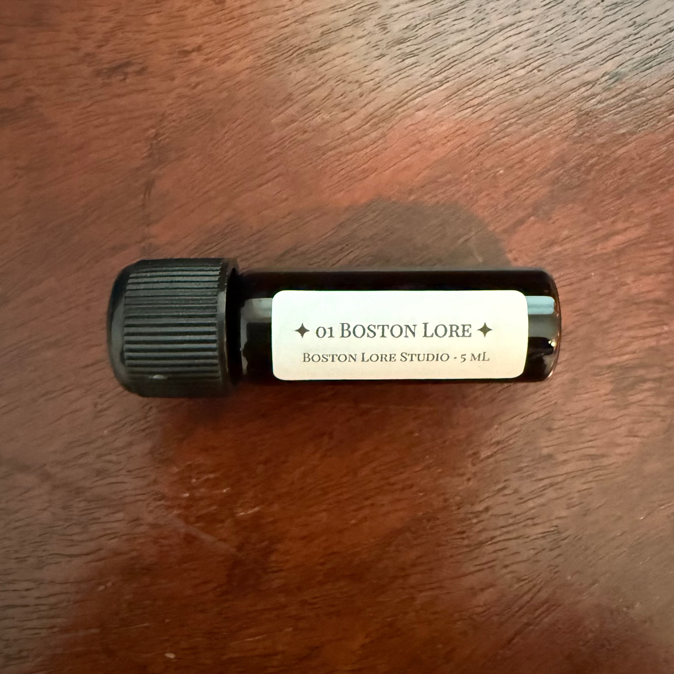 Close-up of 01 Boston Lore fountain pen ink Archive Bottle and label