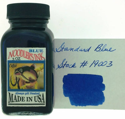 Noodler's Blue fountain pen ink, 3 oz bottle with writing swatch