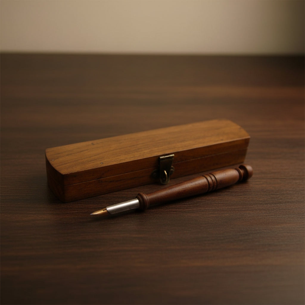 Teak Wood Pen Box with Nib Pen