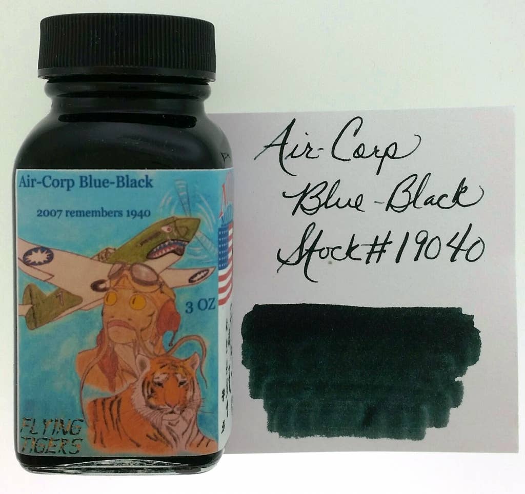Noodler's Aircorp Blue-Black fountain pen ink, 3 oz bottle with writing swatch