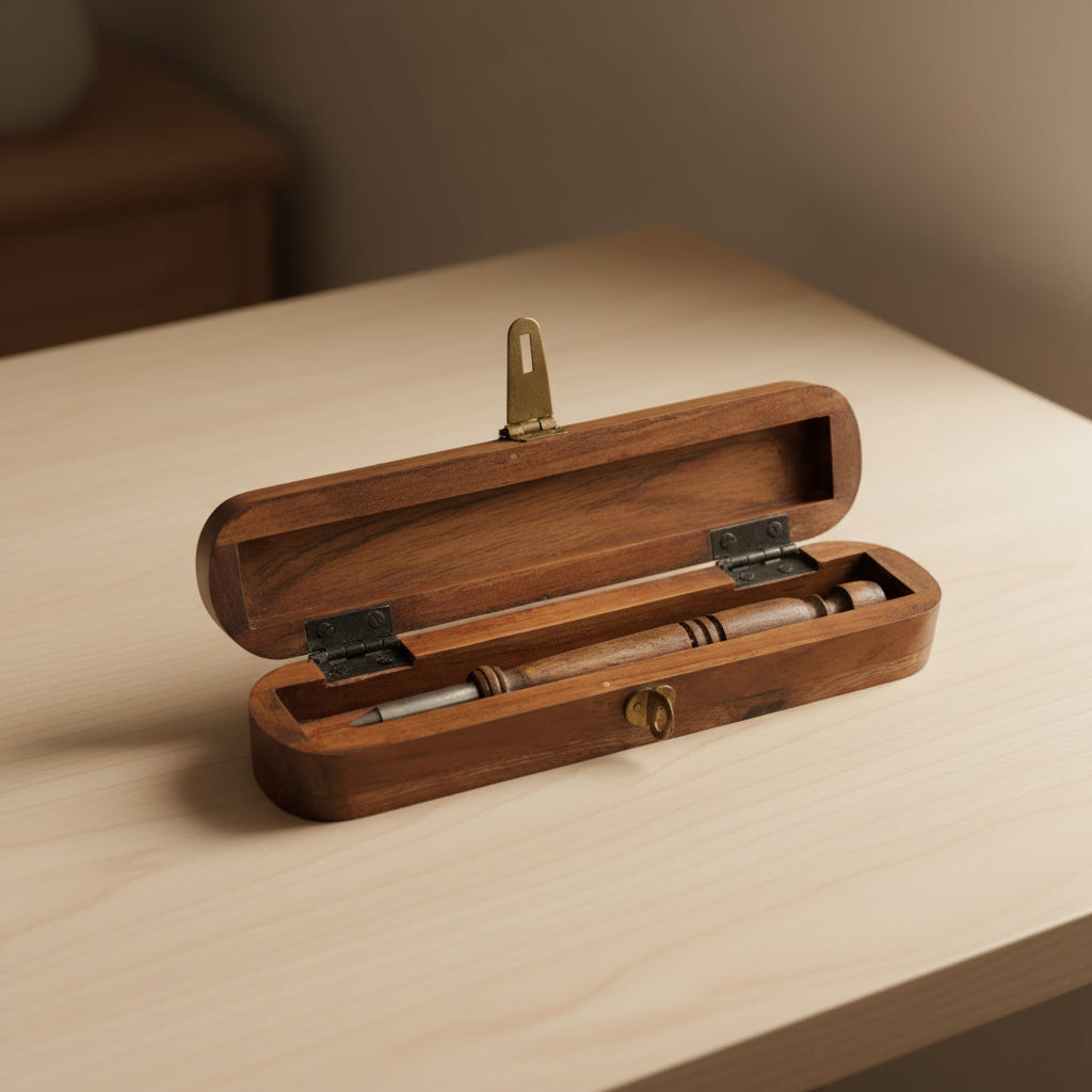 Teak Wood Pen Box with Nib Pen