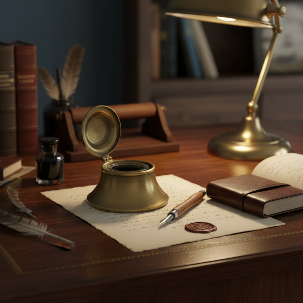 Antiqued Brass Inkwell with Glass Insert