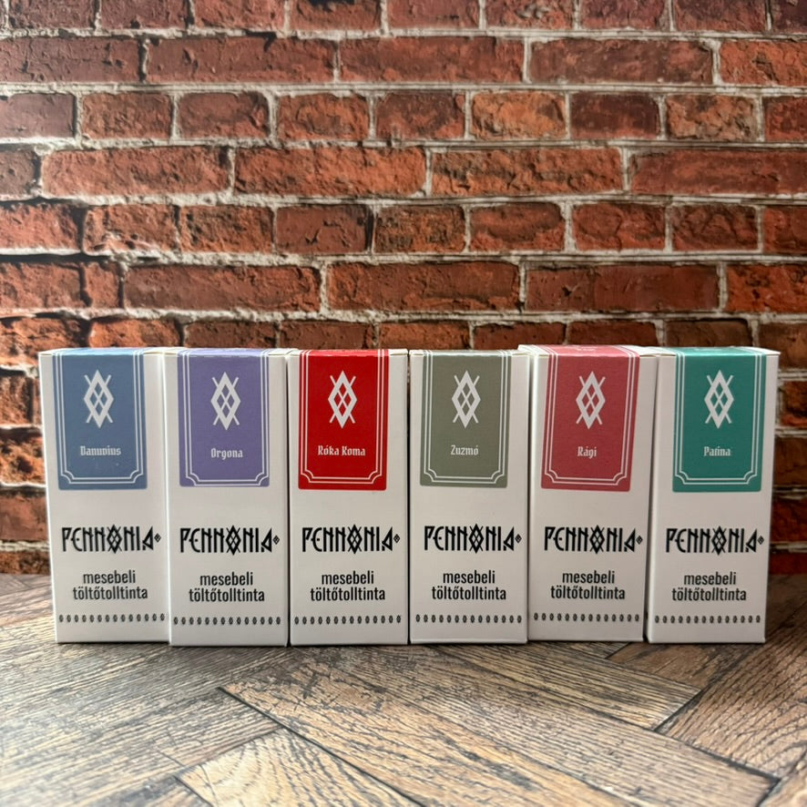 Boxes of the six Pennonia fountain pen inks used in the sampler