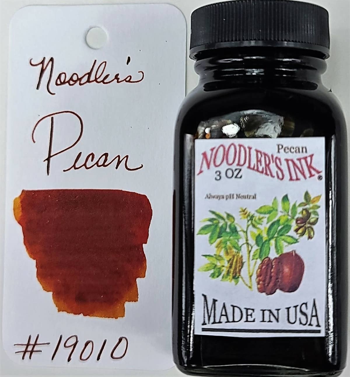 Noodler's Pecan brown fountain pen ink, 3 oz bottle with writing swatch