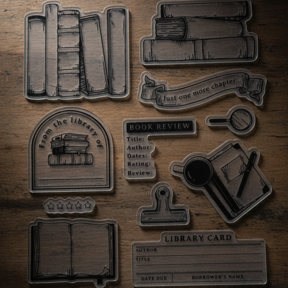 Archer & Olive Everyday Bookish acrylic stamp set with book, reading, and library designs