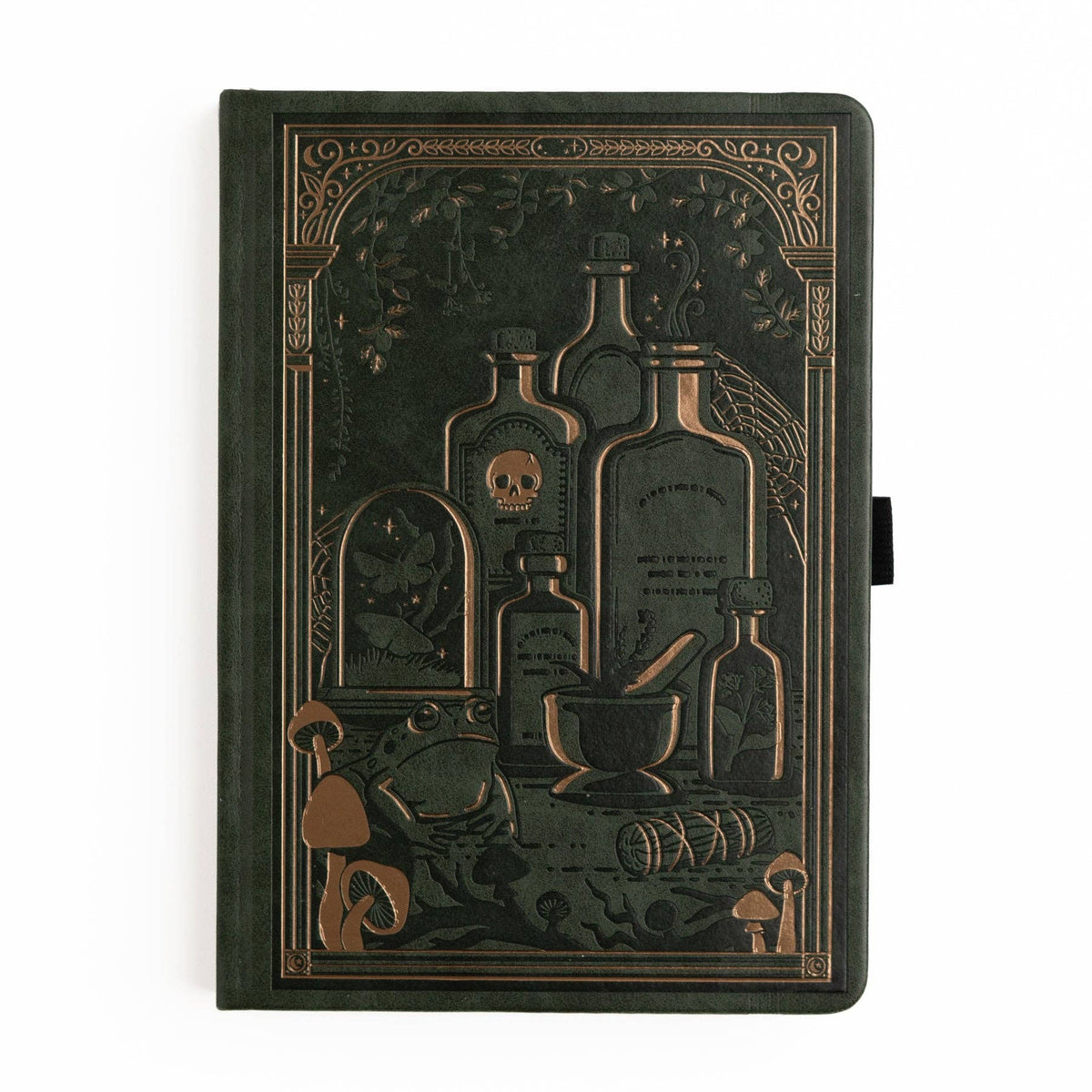 Archer & Olive Apothecary Shelf A5 notebook: Green cover with embossed potion bottles and mushrooms.