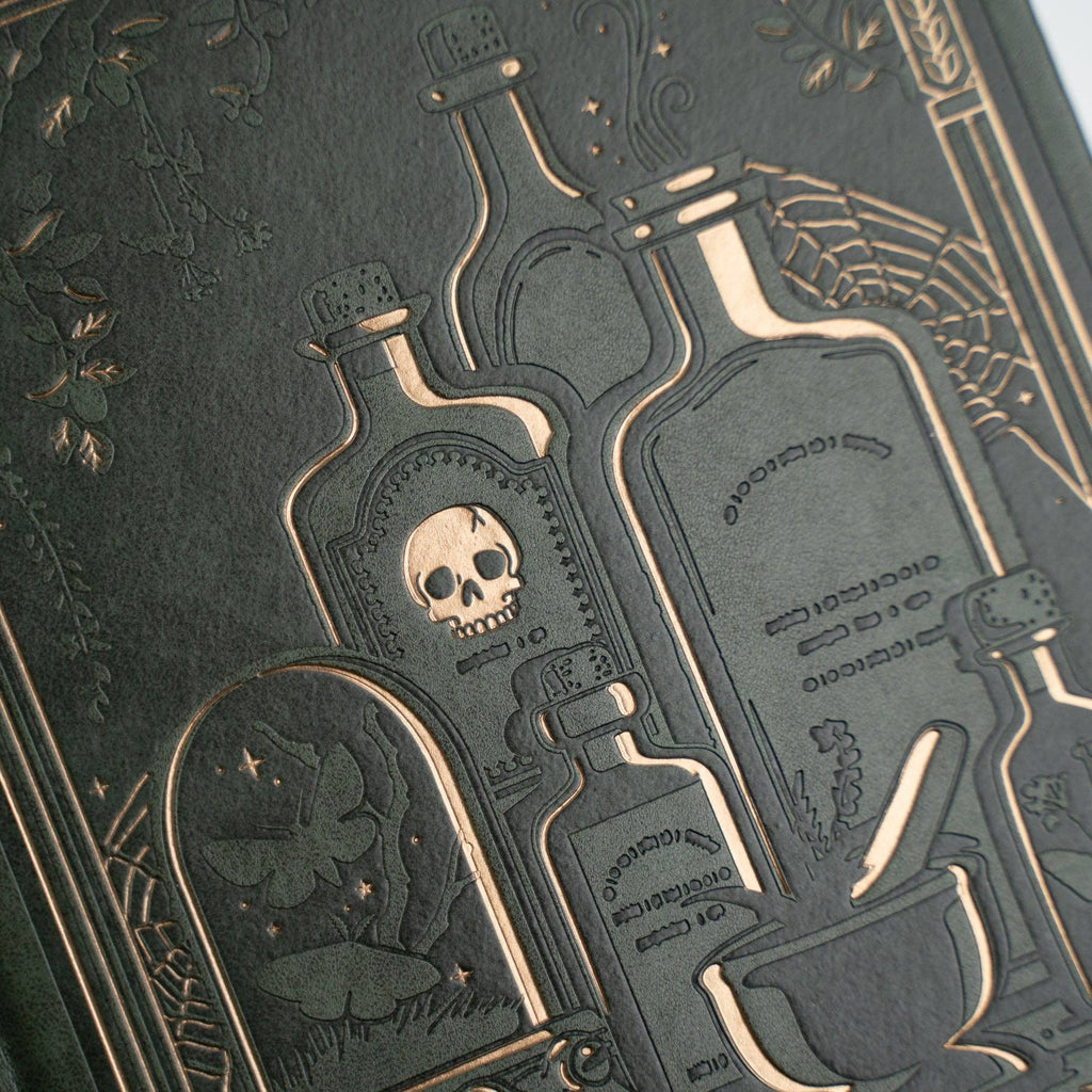 Archer & Olive Apothecary Shelf A5 notebook: Close-up of potion bottles and metallic foil detailing.