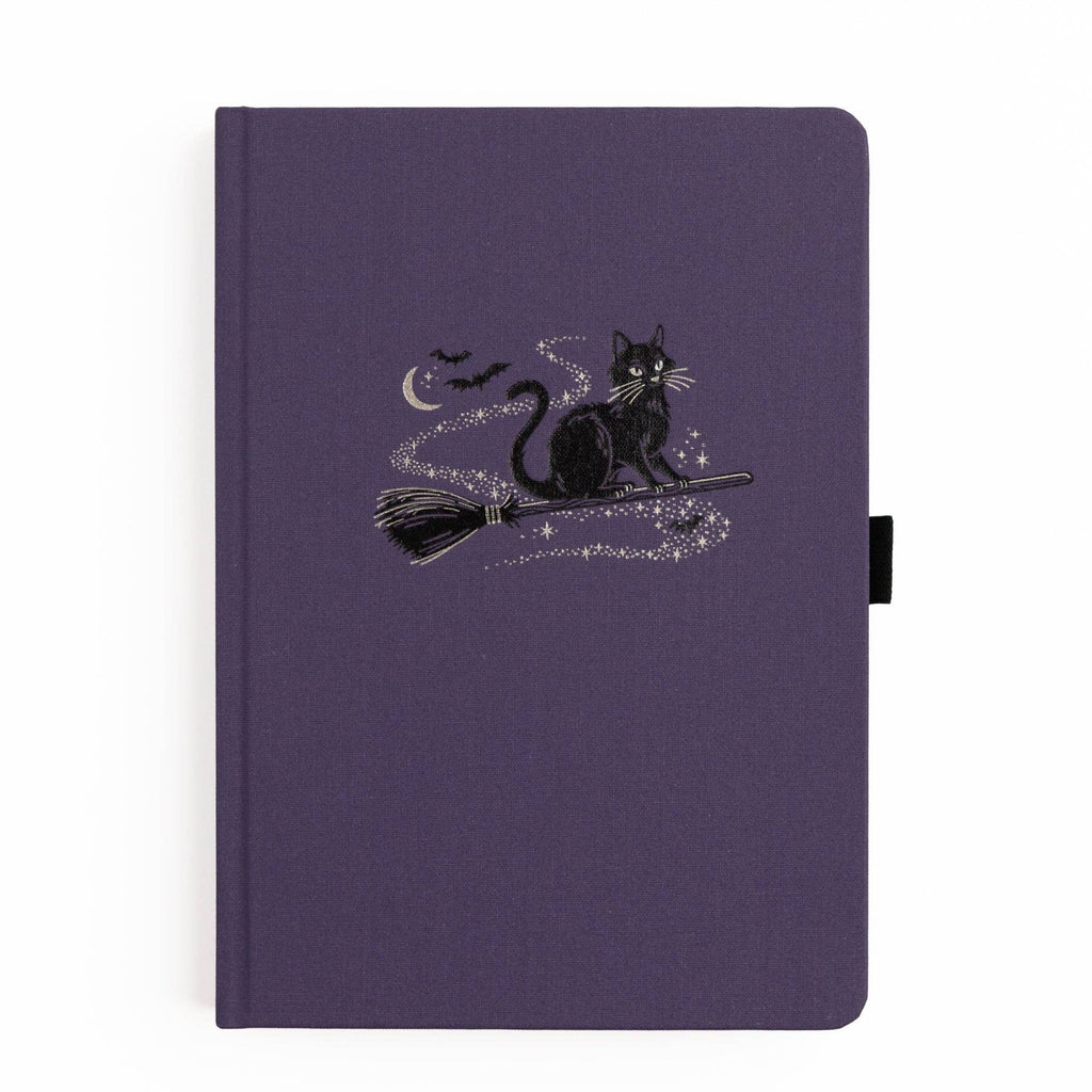 Archer & Olive Bewitched A5 notebook: Purple cover with a black cat on a broomstick.