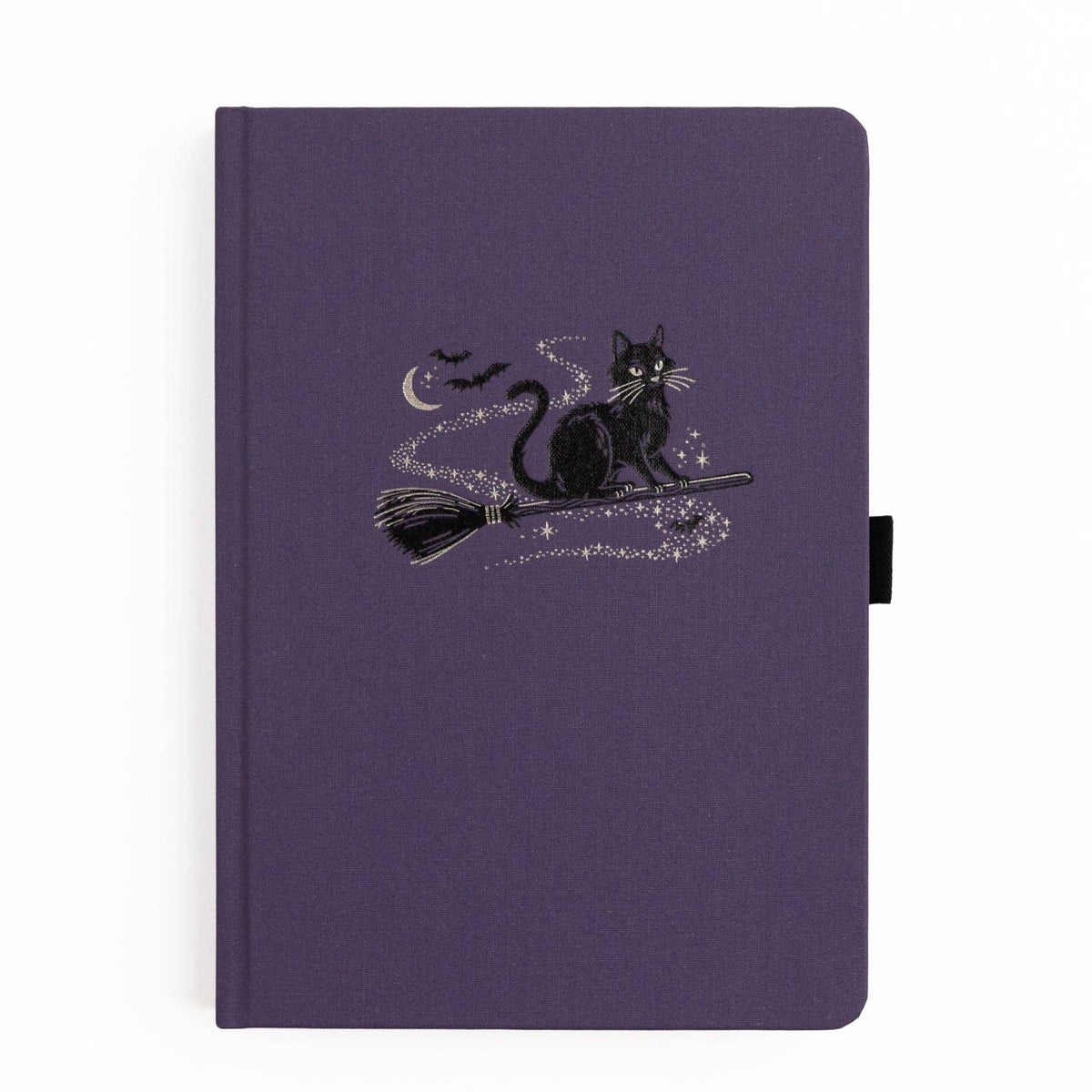 Archer & Olive Bewitched A5 notebook: Purple cover with a black cat on a broomstick.