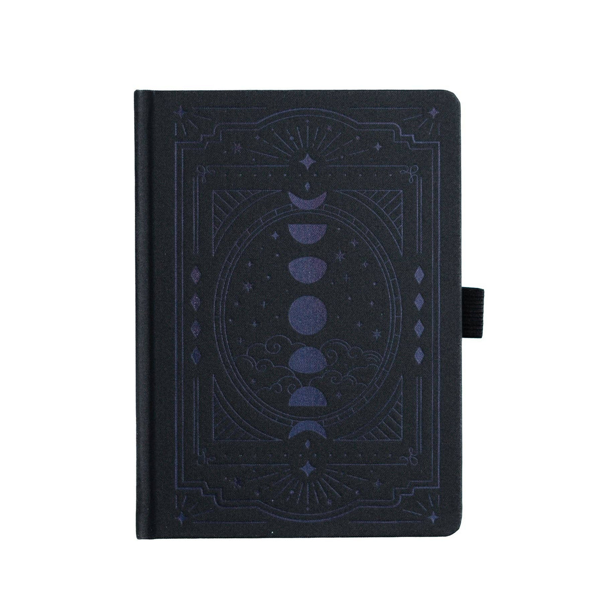 Archer & Olive Black on Black Wonderstruck B6 notebook: Black buckram cover with a subtle embossed moon-phase design.