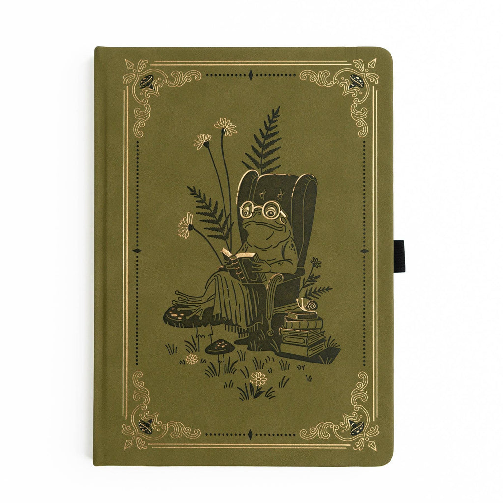 Archer & Olive Literary Frog B5 notebook: Moss green cover with a reading frog seated in an armchair.