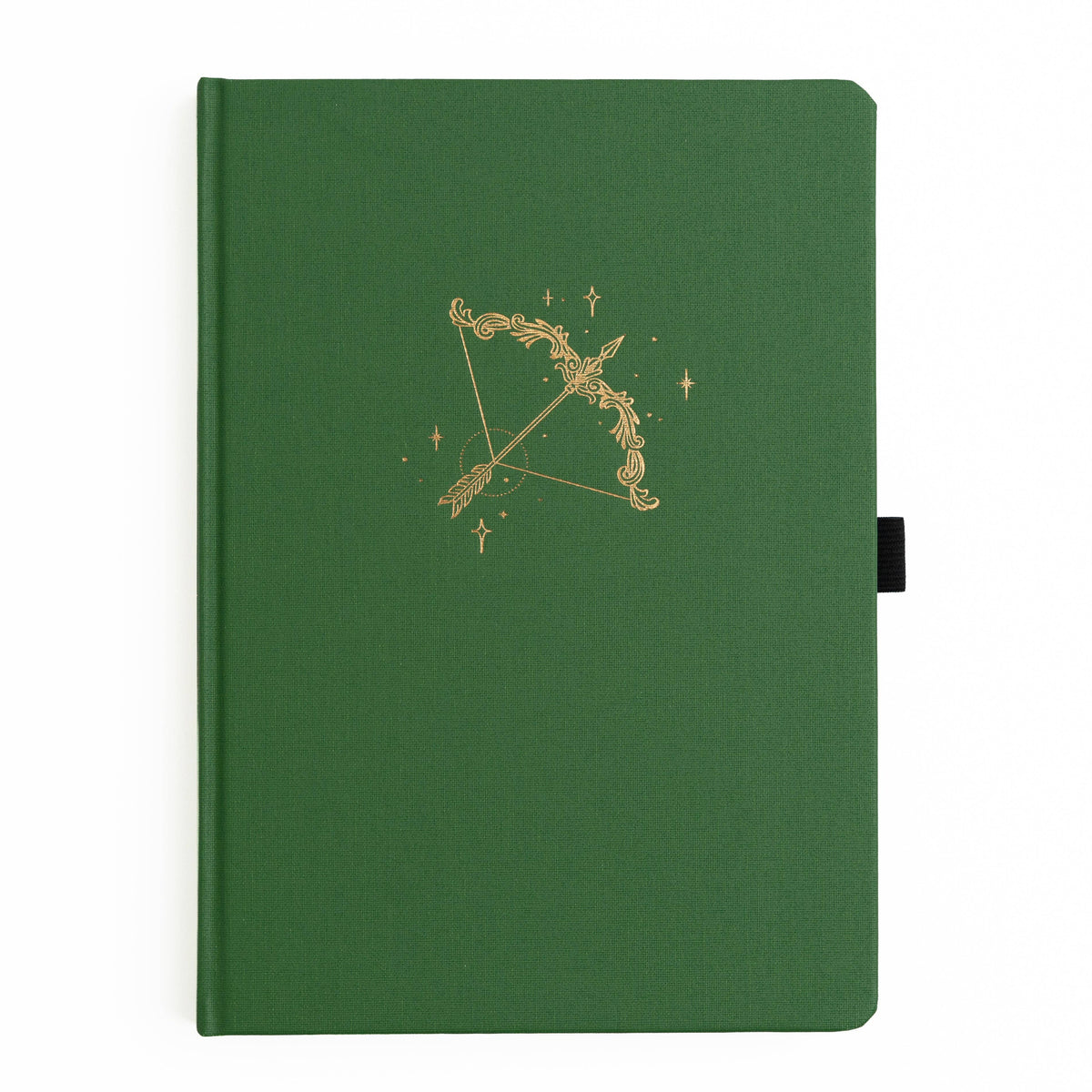 Archer & Olive The Archer B5 notebook: Green buckram cover with a gold foil bow and arrow.