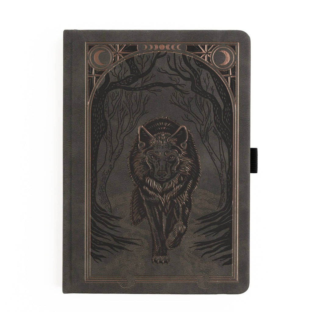 Archer & Olive Wolf in the Night A5 notebook: Dark green-grey cover with a wolf beneath celestial motifs.