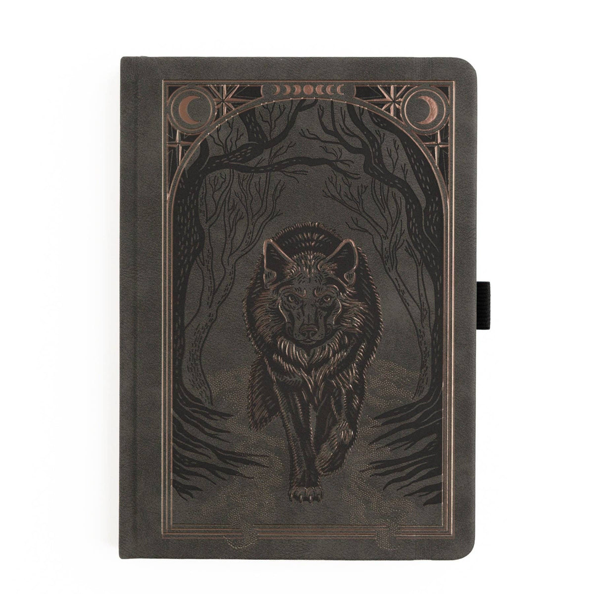 Archer & Olive Wolf in the Night A5 notebook: Dark green-grey cover with a wolf beneath celestial motifs.