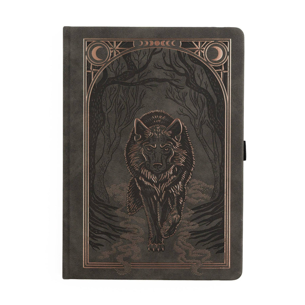 Archer & Olive Wolf in the Night B5 notebook: Dark green-grey cover with a wolf beneath celestial motifs.