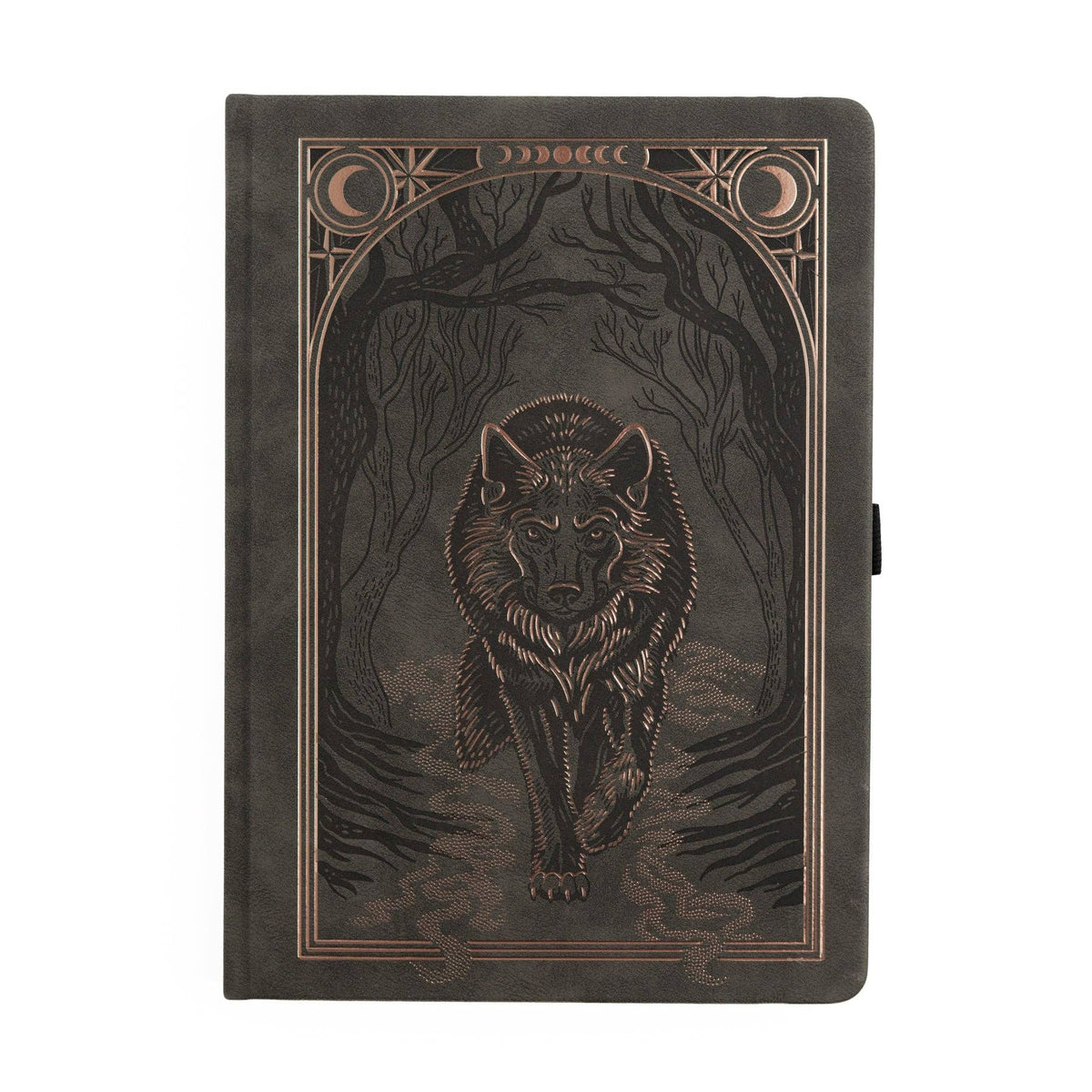 Archer & Olive Wolf in the Night B5 notebook: Dark green-grey cover with a wolf beneath celestial motifs.