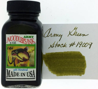 Noodler's Army Green olive fountain pen ink, 3 oz bottle with writing swatch