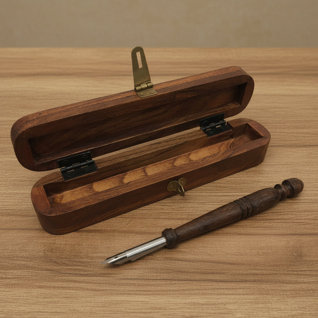 Teak Wood Pen Box with Nib Pen
