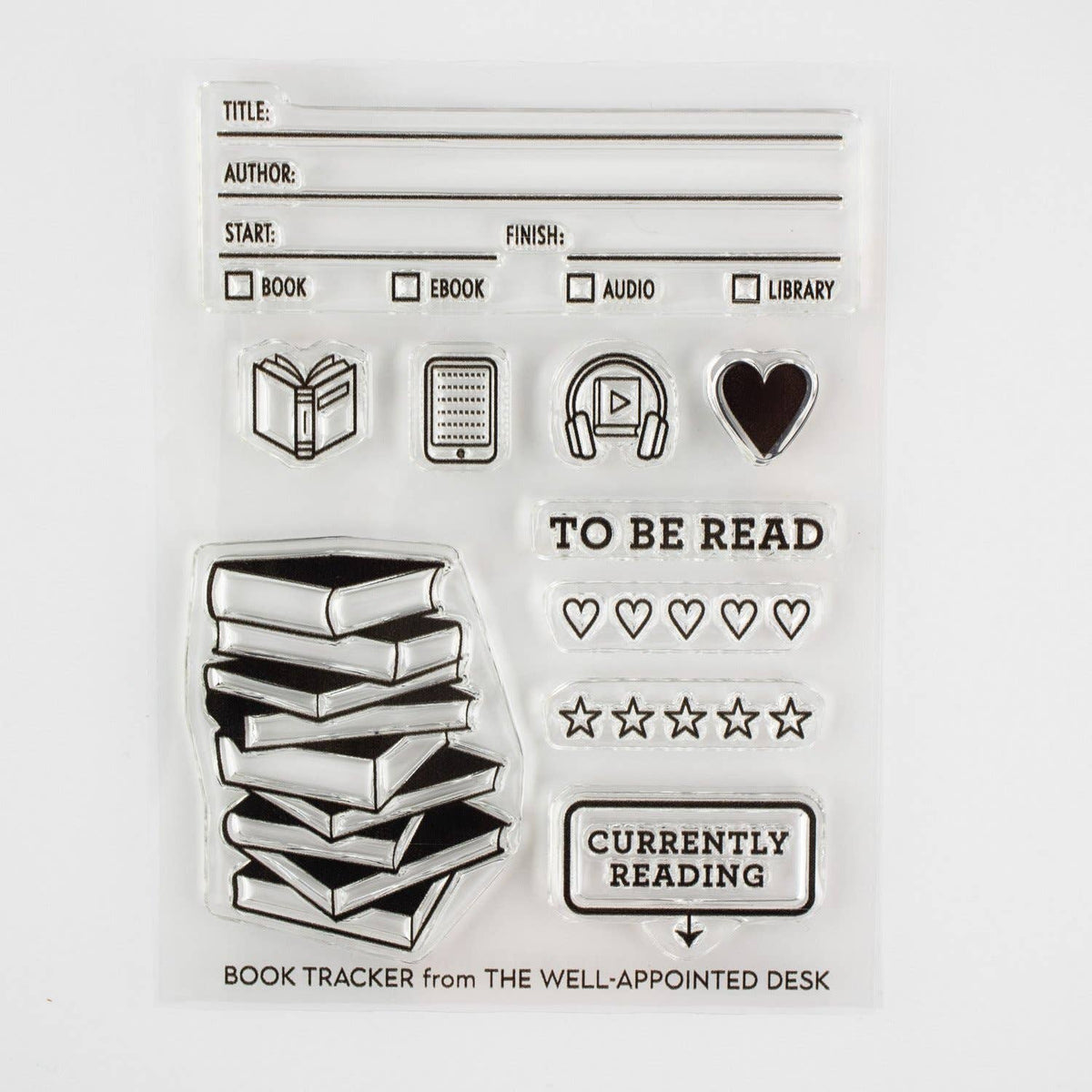 Book Tracker clear stamp sheet with title and author lines, book stack, heart, and star rating stamps