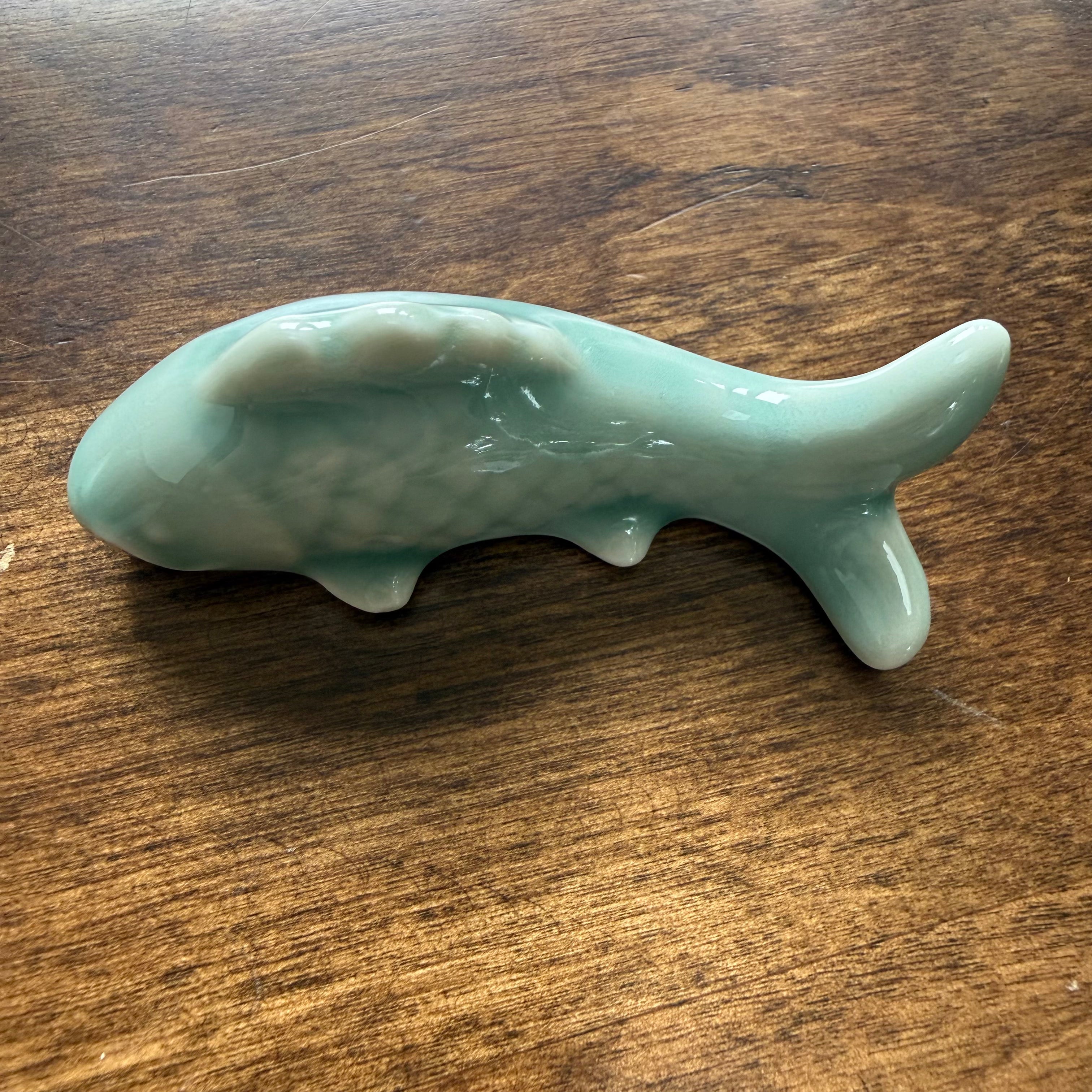 Celadon Cloud ceramic carp pen rest with pale blue-green and cream glaze variation