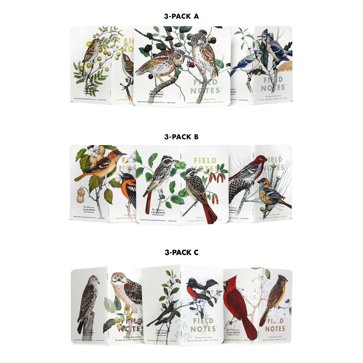 Chart of Field Notes Birds and Trees of North America 3-packs A, B, and C with their bird covers
