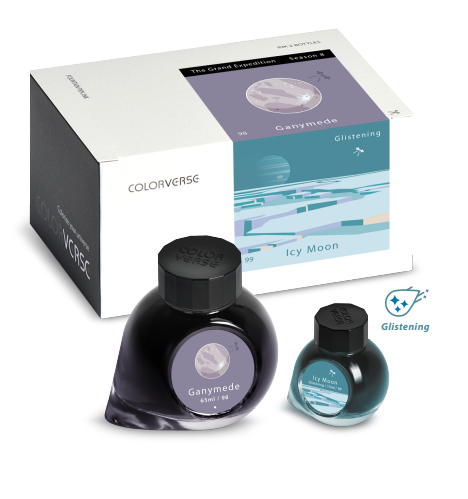 Colorverse Ganymede and Icy Moon Glistening fountain pen ink set with 65 mL and 15 mL glass bottles
