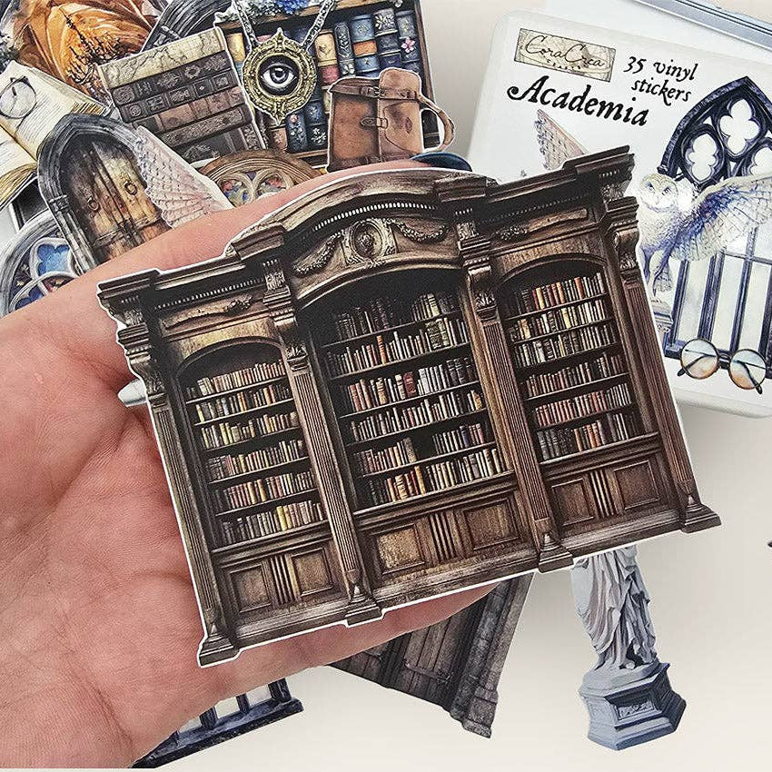 Bookcase sticker from the CoraCreaCrafts Academia Sticker Tin Box.