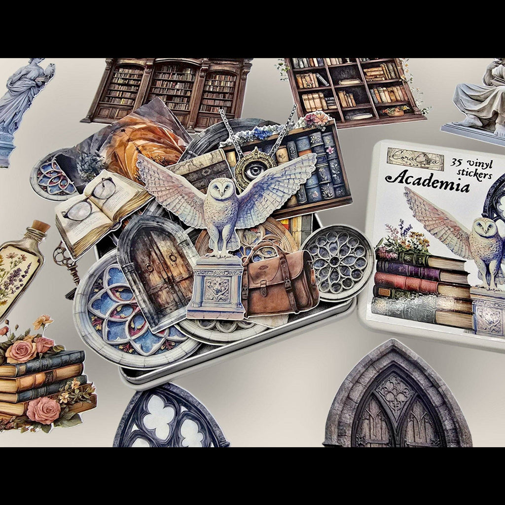 Assorted CoraCreaCrafts Academia stickers featuring books, architecture, and vintage scholarly motifs