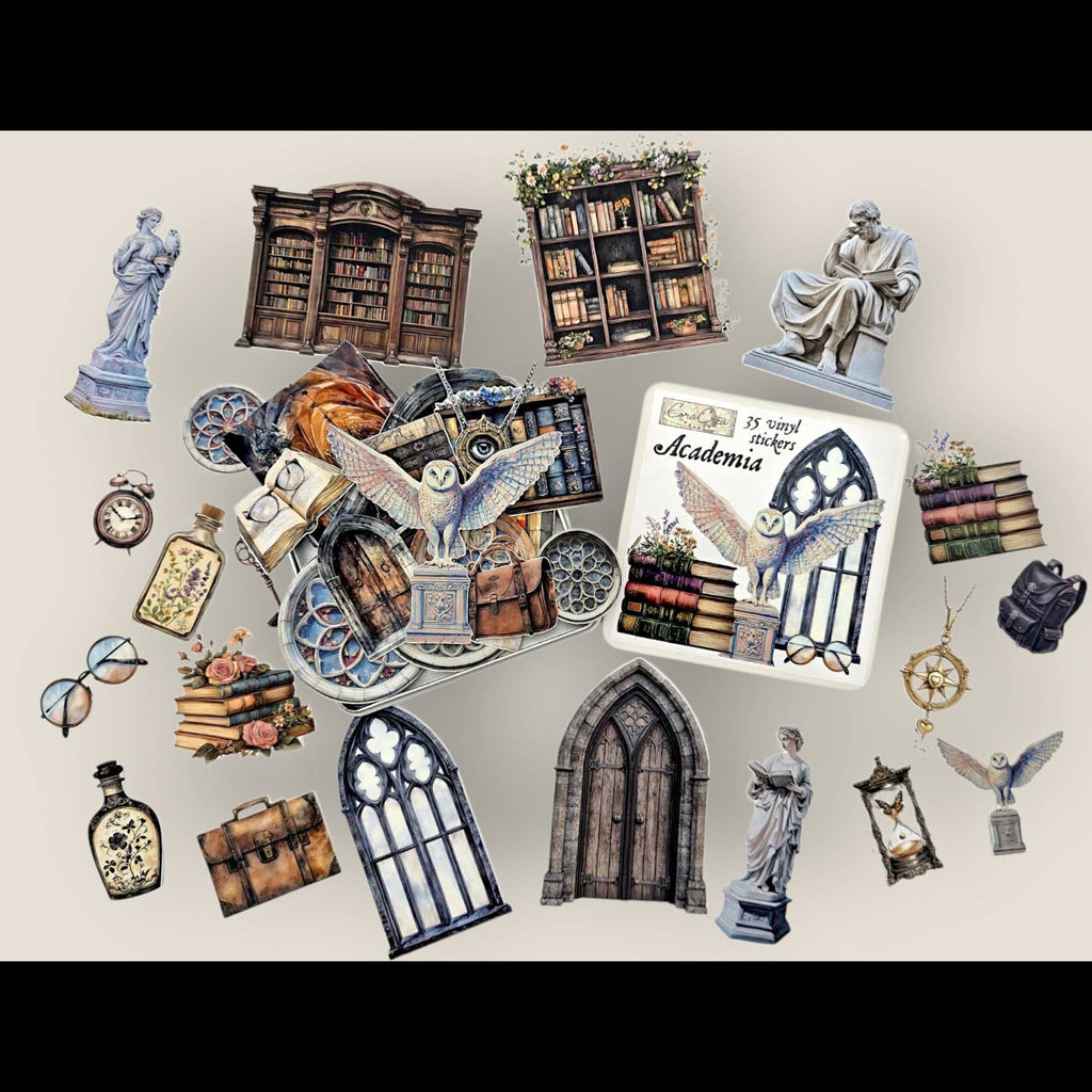 CoraCreaCrafts Academia Sticker Tin Box with 35 dark academia vinyl stickers