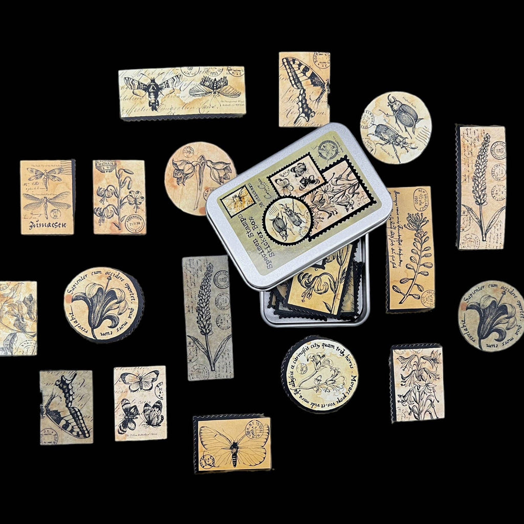 CoraCreaCrafts Specimen Sticker Tin Box with 36 botanical and natural-history stickers