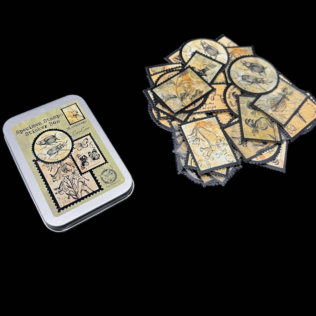 Open CoraCreaCrafts Specimen Sticker Tin Box showing assorted vinyl and washi paper stickers