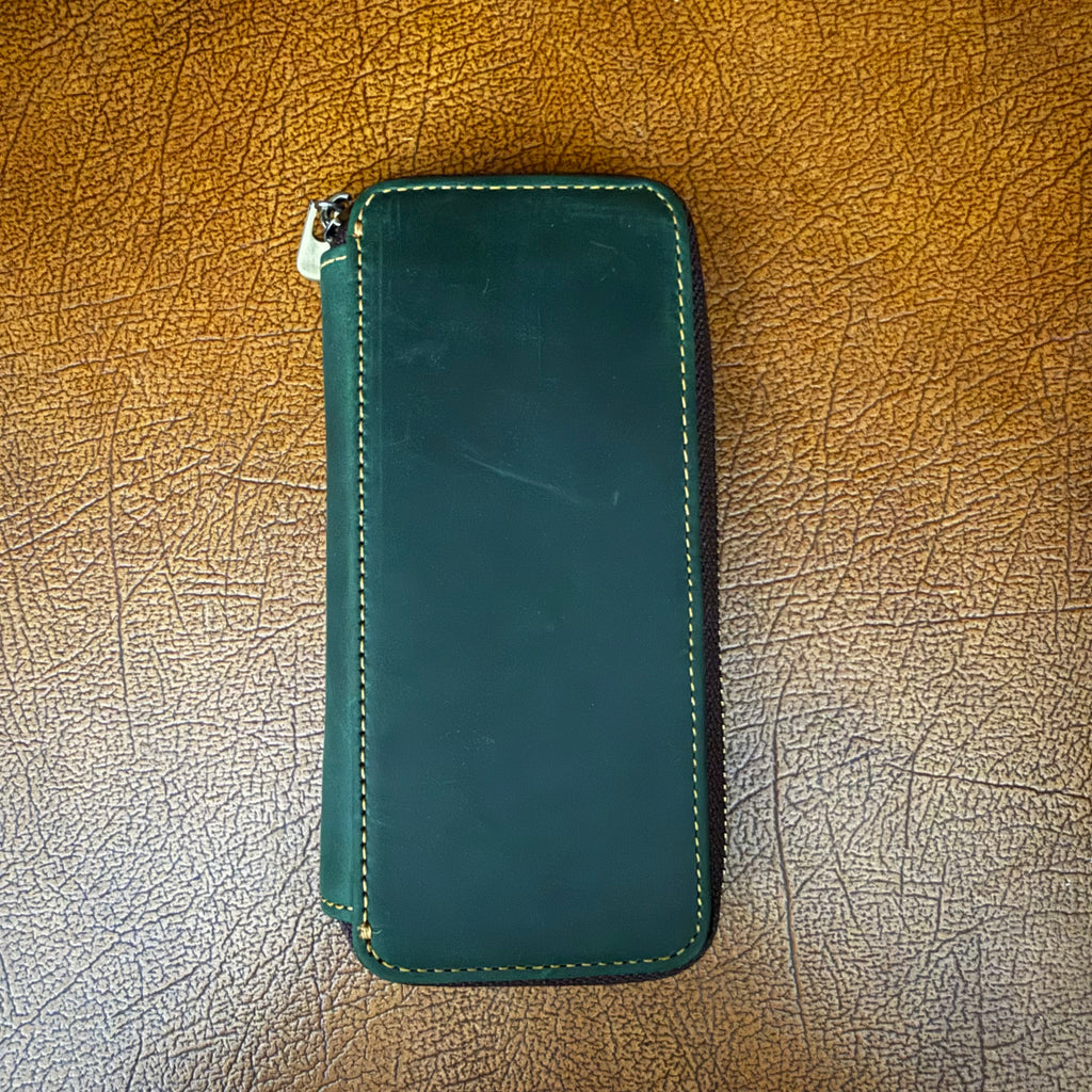 Green genuine cowhide leather 3-pen fountain pen case