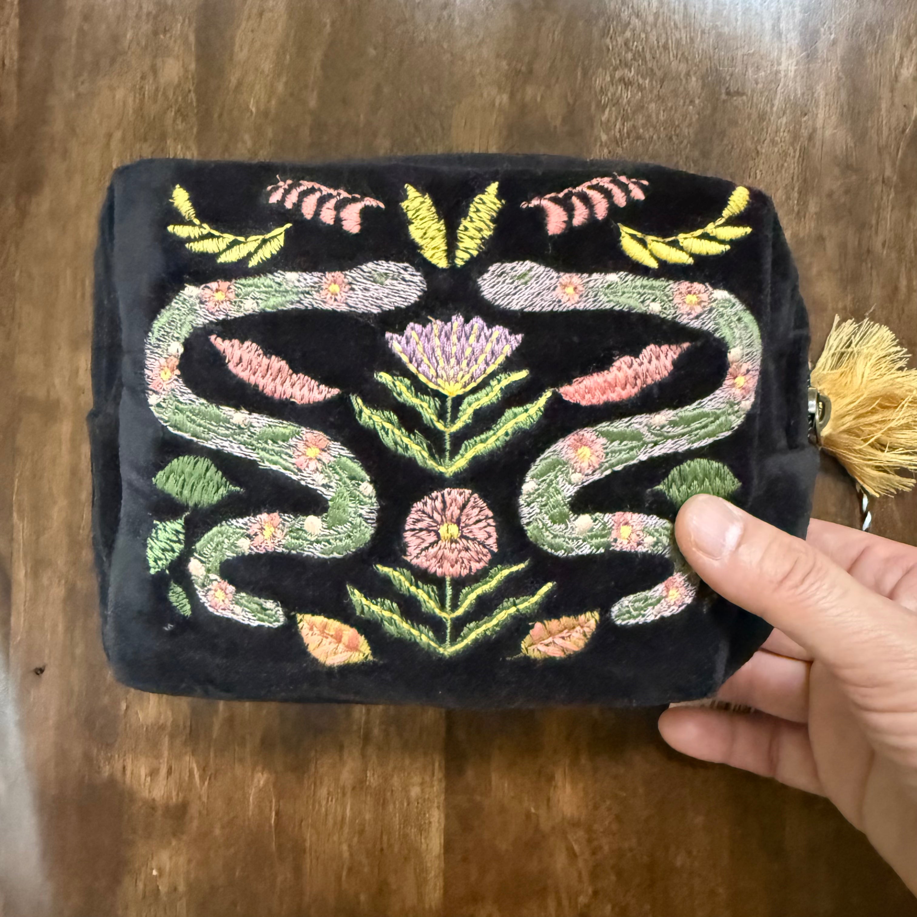 Danica Studio Amulet embroidered pouch showing snakes botanical details and tassel