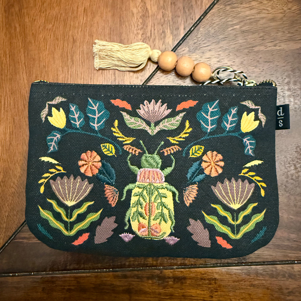 Danica Studio Amulet Small Zipper Pouch with embroidered scarab beetle and botanical design