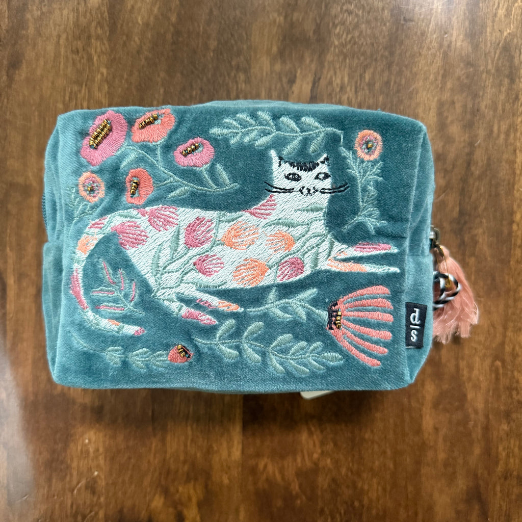 Danica Studio Catbloom embroidered velvet pouch with floral cat design