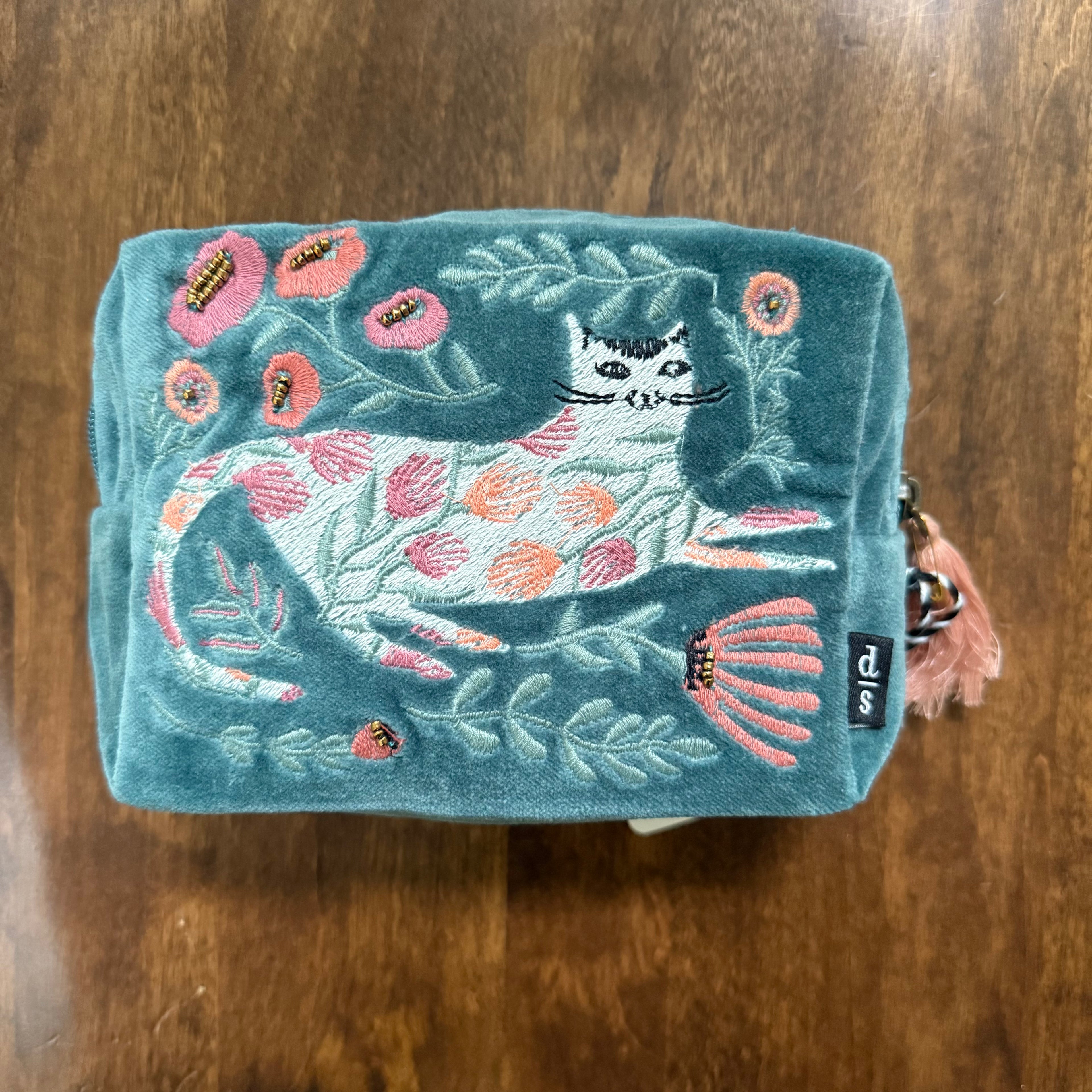 Danica Studio Catbloom embroidered velvet pouch with floral cat design