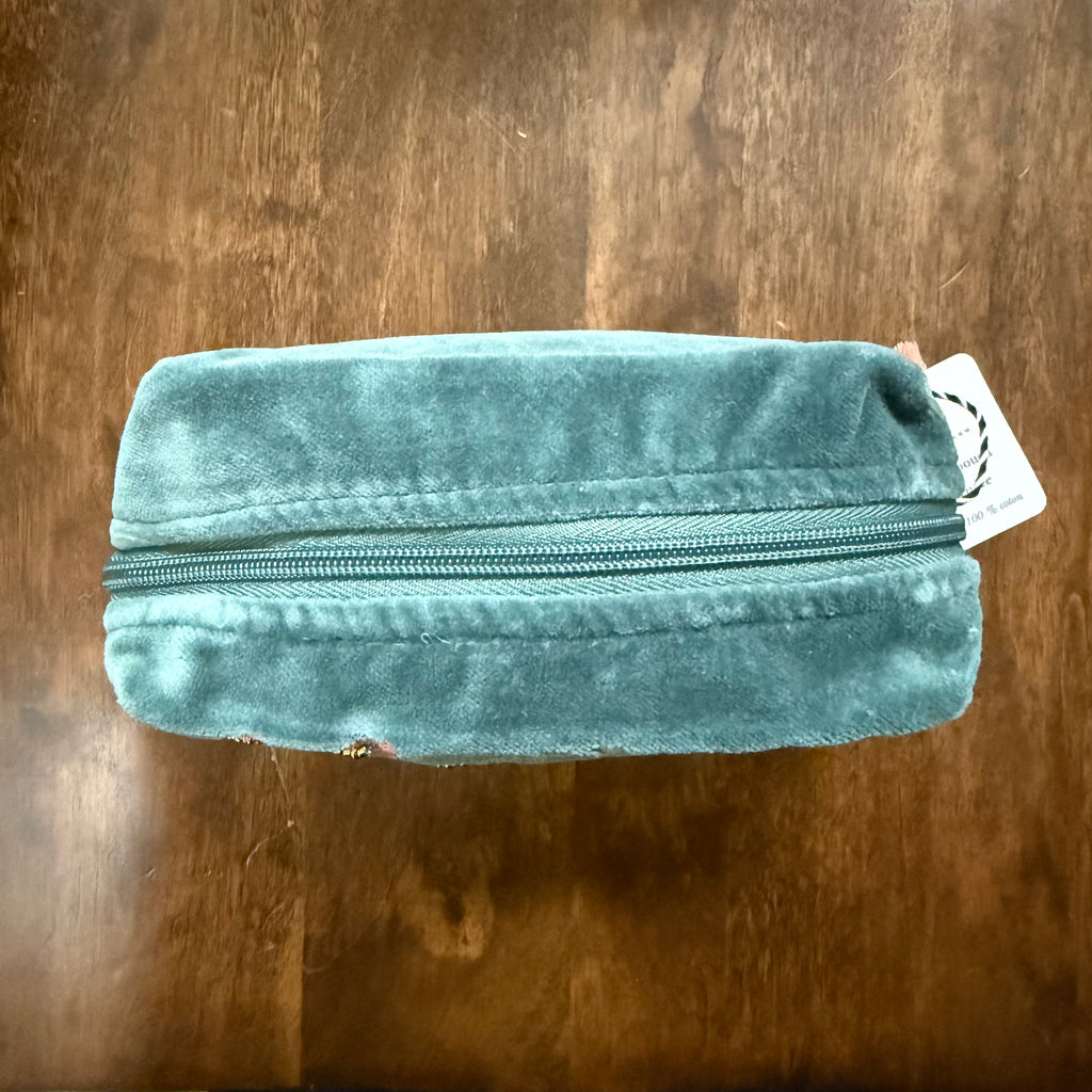 Top view of Danica Studio Catbloom embroidered pouch and zipper closure
