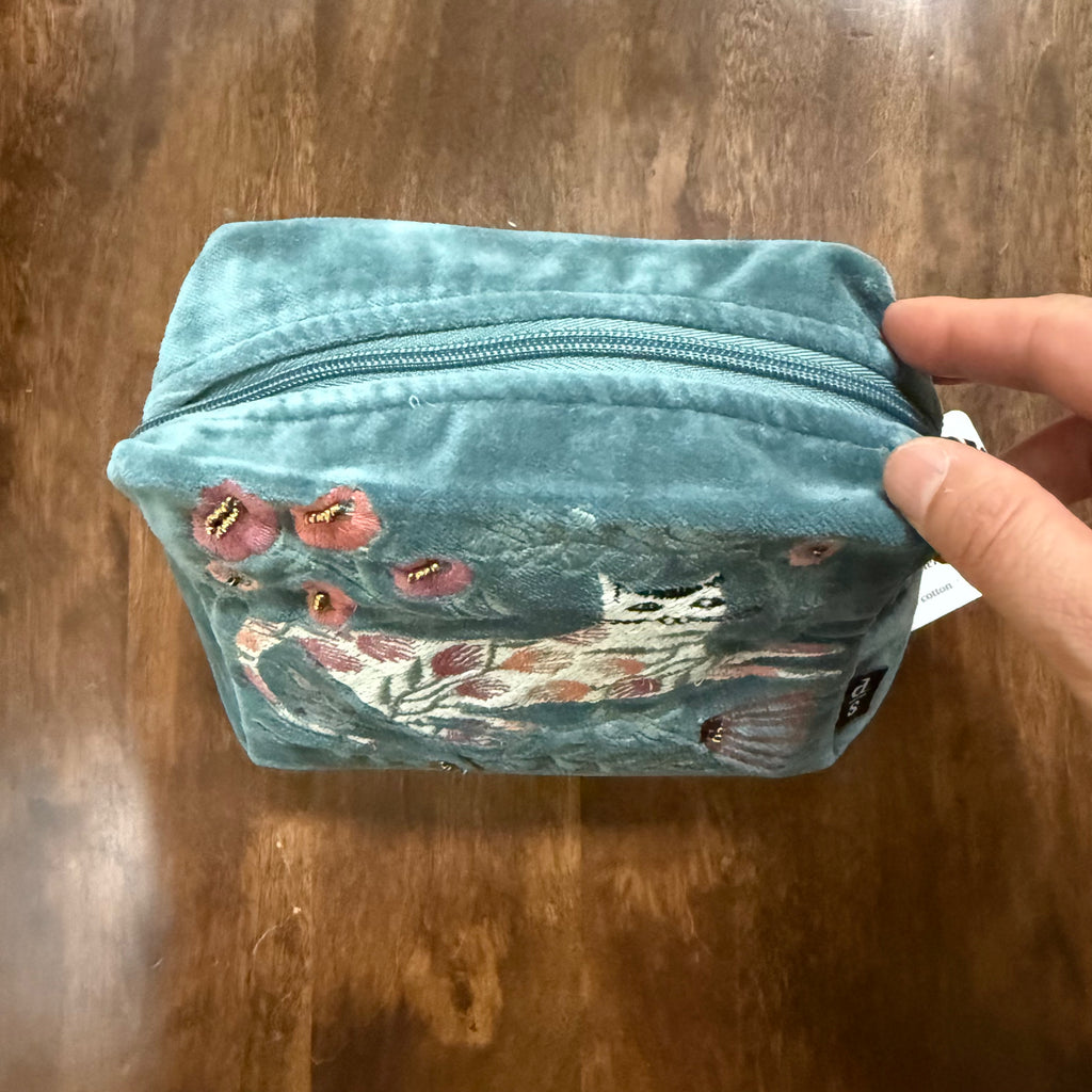 Danica Studio Catbloom velvet pouch open showing zippered storage compartment