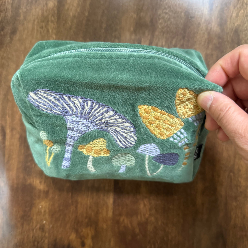 Danica Studio Wildgrove embroidered pouch with colorful woodland mushrooms