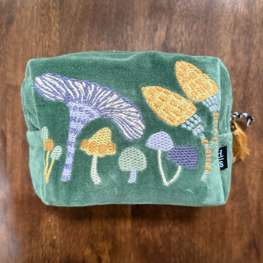 Danica Studio Wildgrove embroidered green velvet pouch with mushroom design