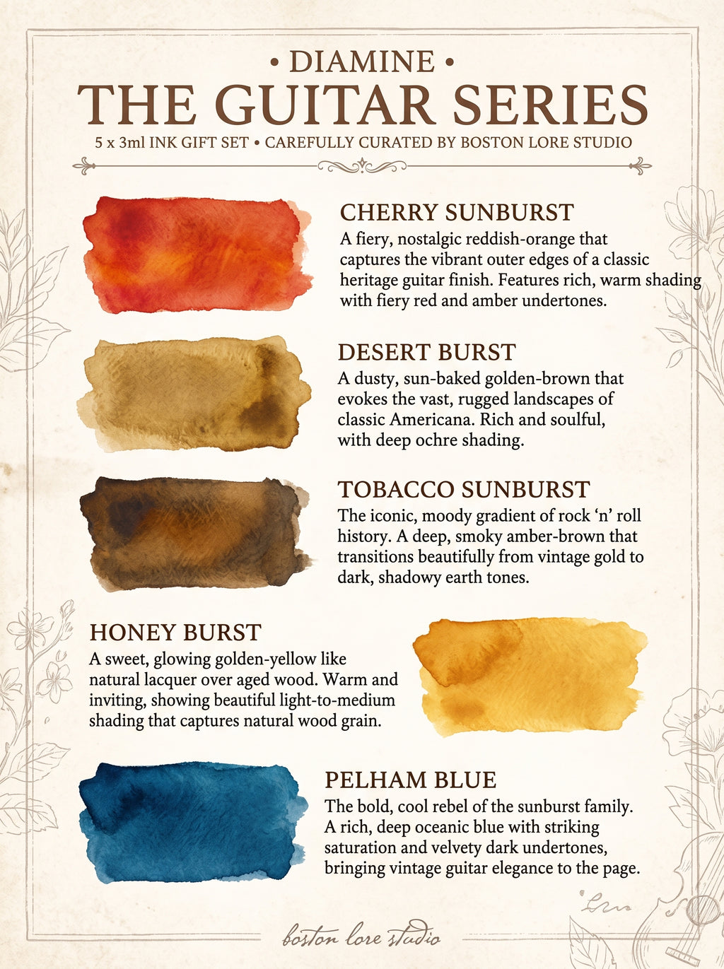 Illustrated Diamine Guitar Series color card included in the 5 x 3 mL gift set, with watercolor swatches and notes for Cherry Sunburst, Desert Burst, Tobacco Sunburst, Honey Burst and Pelham Blue