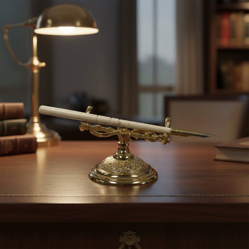 Polished Brass Pen Holder with Ox Bone Nib Pen