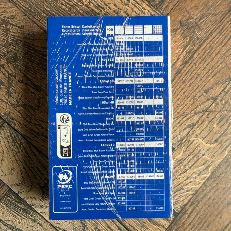 Back of the Exacompta Bristol record cards pack with size and ruling chart, made in France, PEFC certified