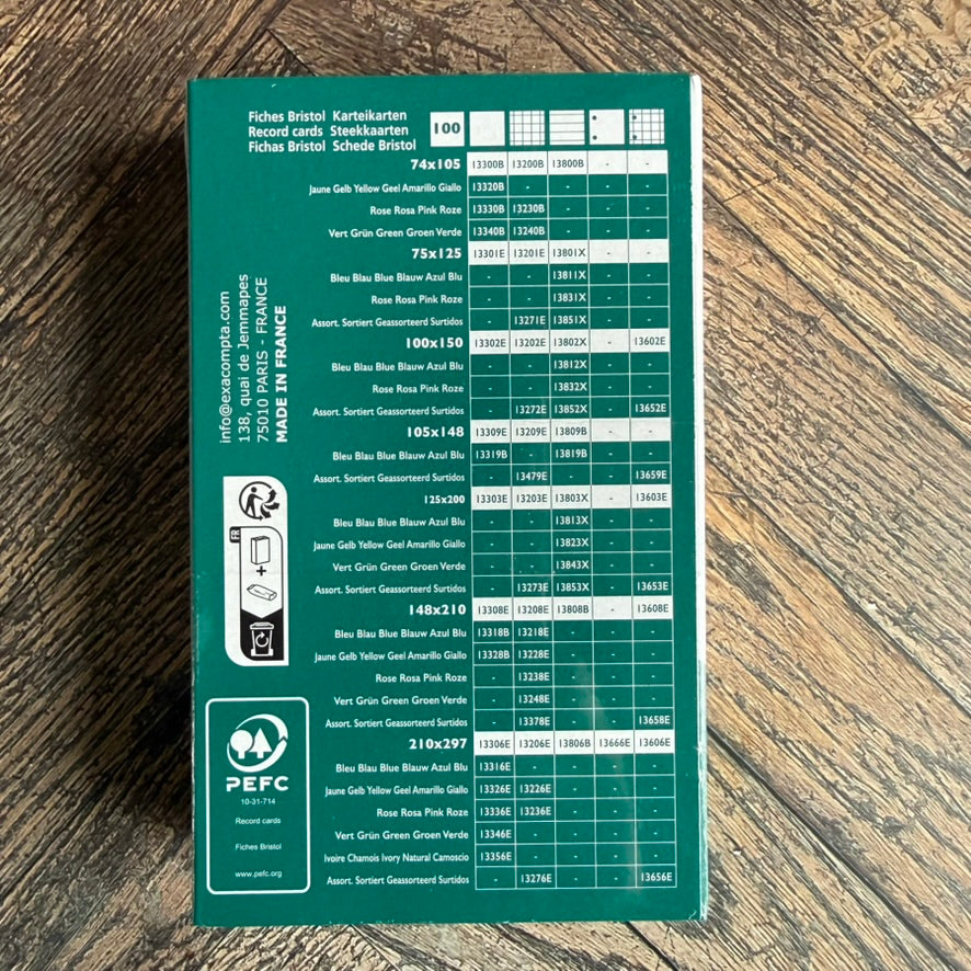 Back of the green Exacompta Bristol record cards pack with size and ruling chart, made in France, PEFC certified