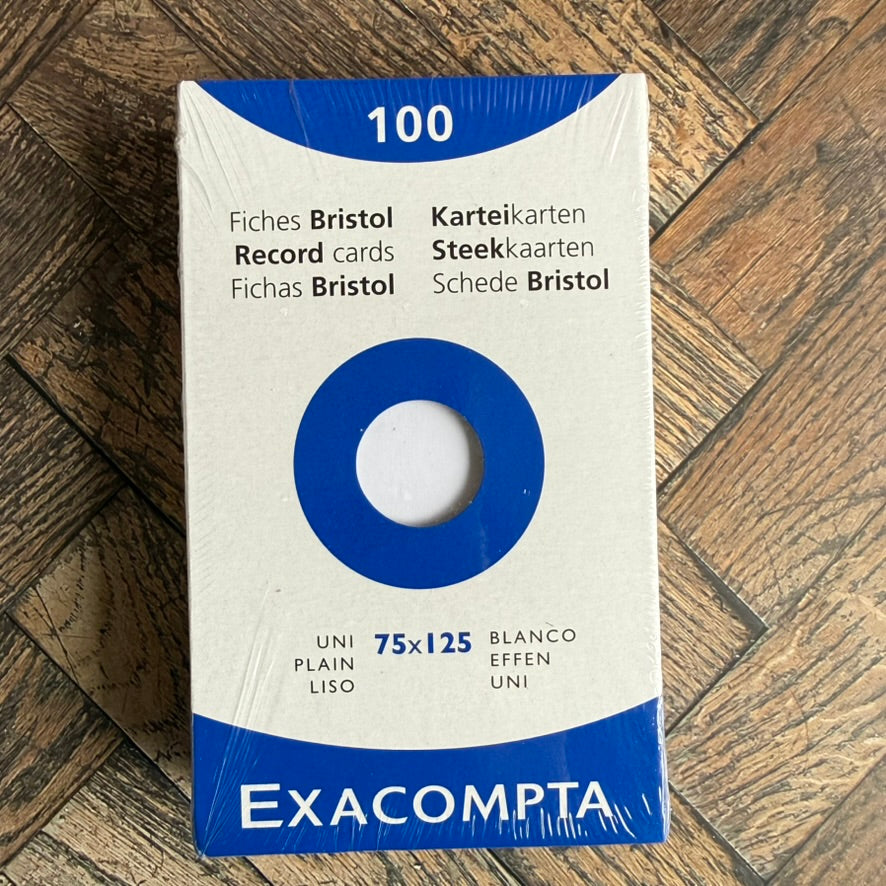 Front of an Exacompta Bristol record cards pack: 100 plain white 75 x 125 mm cards