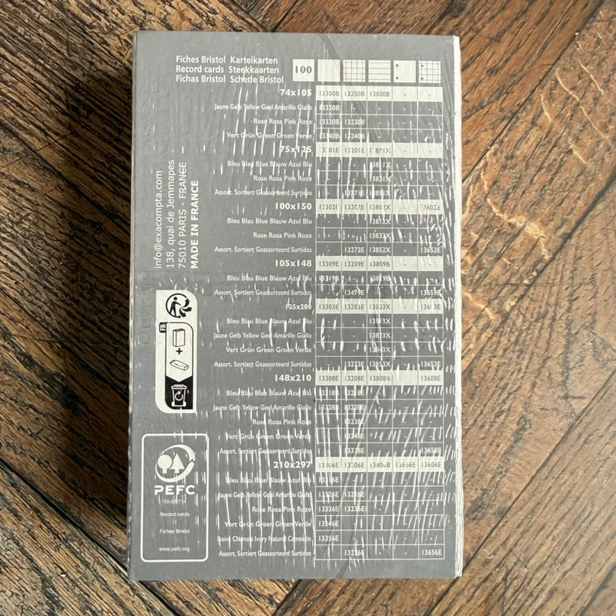 Back of the grey Exacompta Bristol record cards pack with size and ruling chart, made in France, PEFC certified