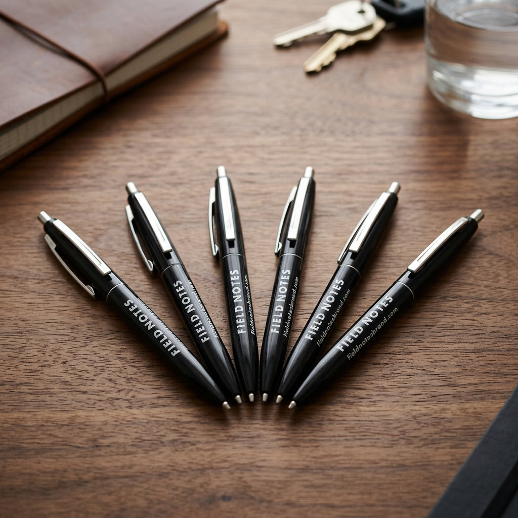 Six black Field Notes Clic pens with white branding and nickel-plated trim